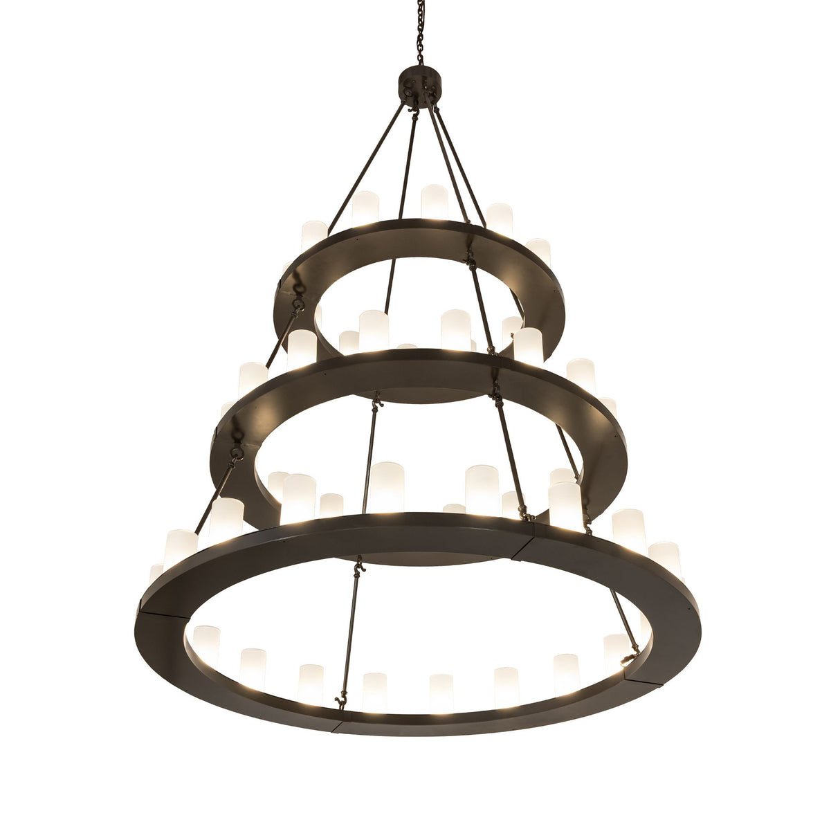 Bottom angle view highlighting the layered ring design and illuminated glass cylinders.