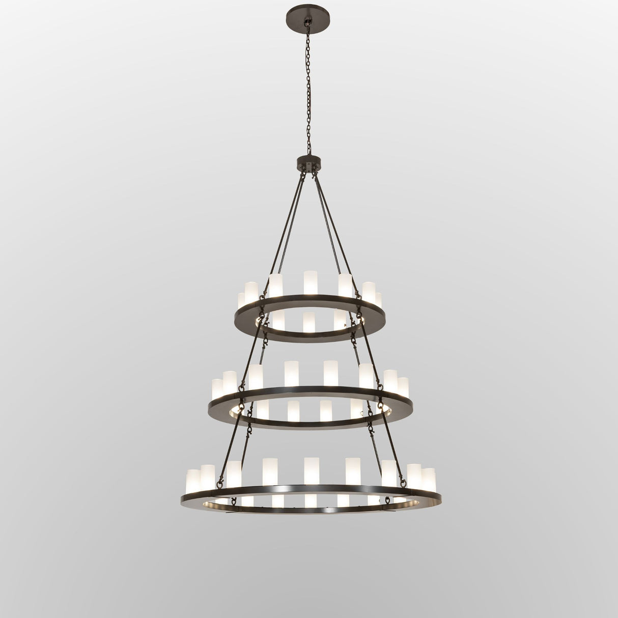 Full view of the chandelier showing metal ring, suspension rods, and glass shades.