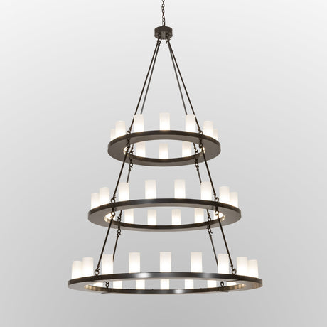 Lit view of the chandelier featuring illuminated glass lights on bronze rings.