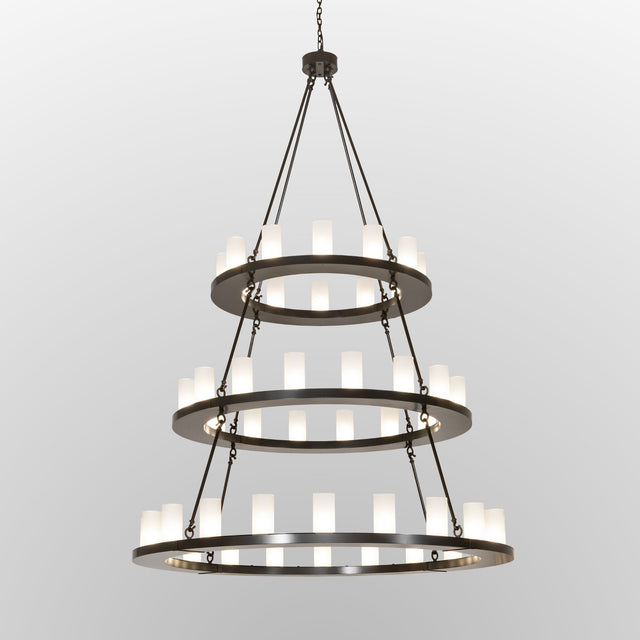 Lit view of the chandelier featuring illuminated glass lights on bronze rings.