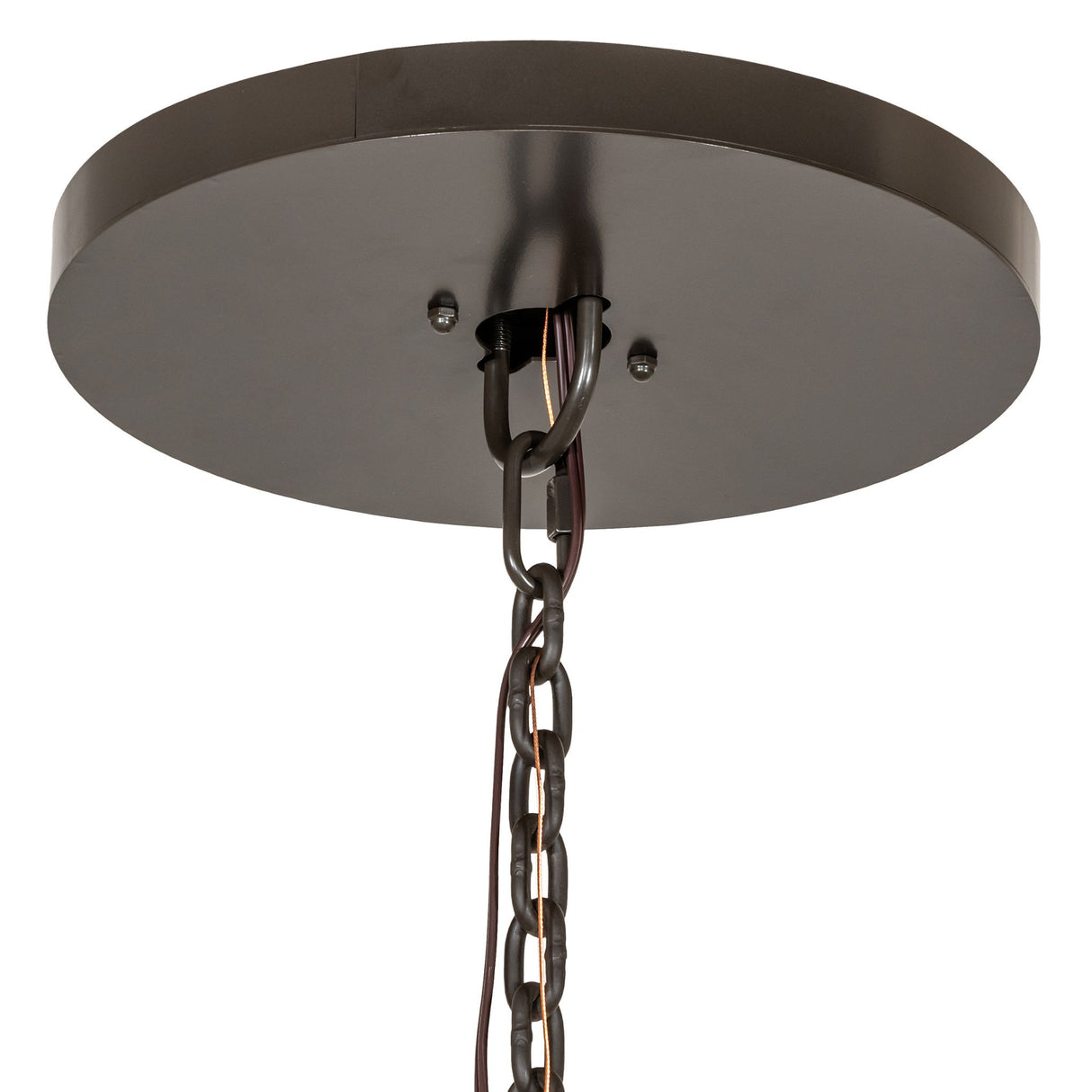 Detailed view of ceiling canopy, chain, and suspension hardware for the Loxley three tier chandelier.