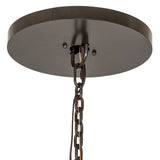 Detailed view of ceiling canopy, chain, and suspension hardware for the Loxley three tier chandelier.