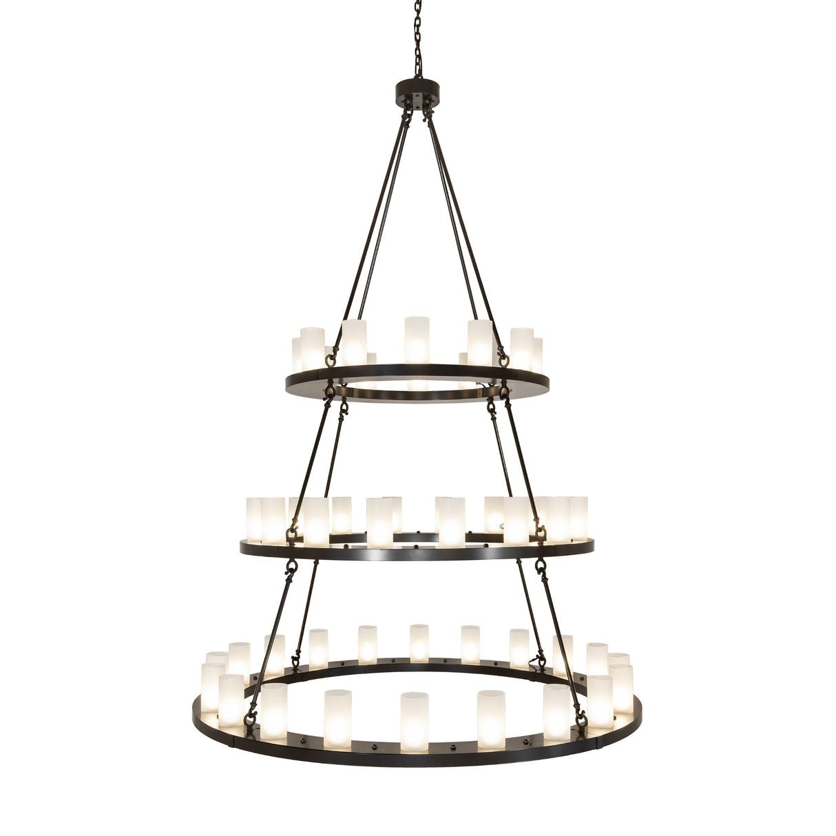 Side view of the chandelier displaying three circular tiers with evenly spaced glass lights.