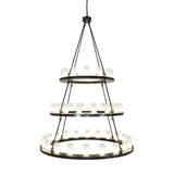 Side view of the chandelier displaying three circular tiers with evenly spaced glass lights.