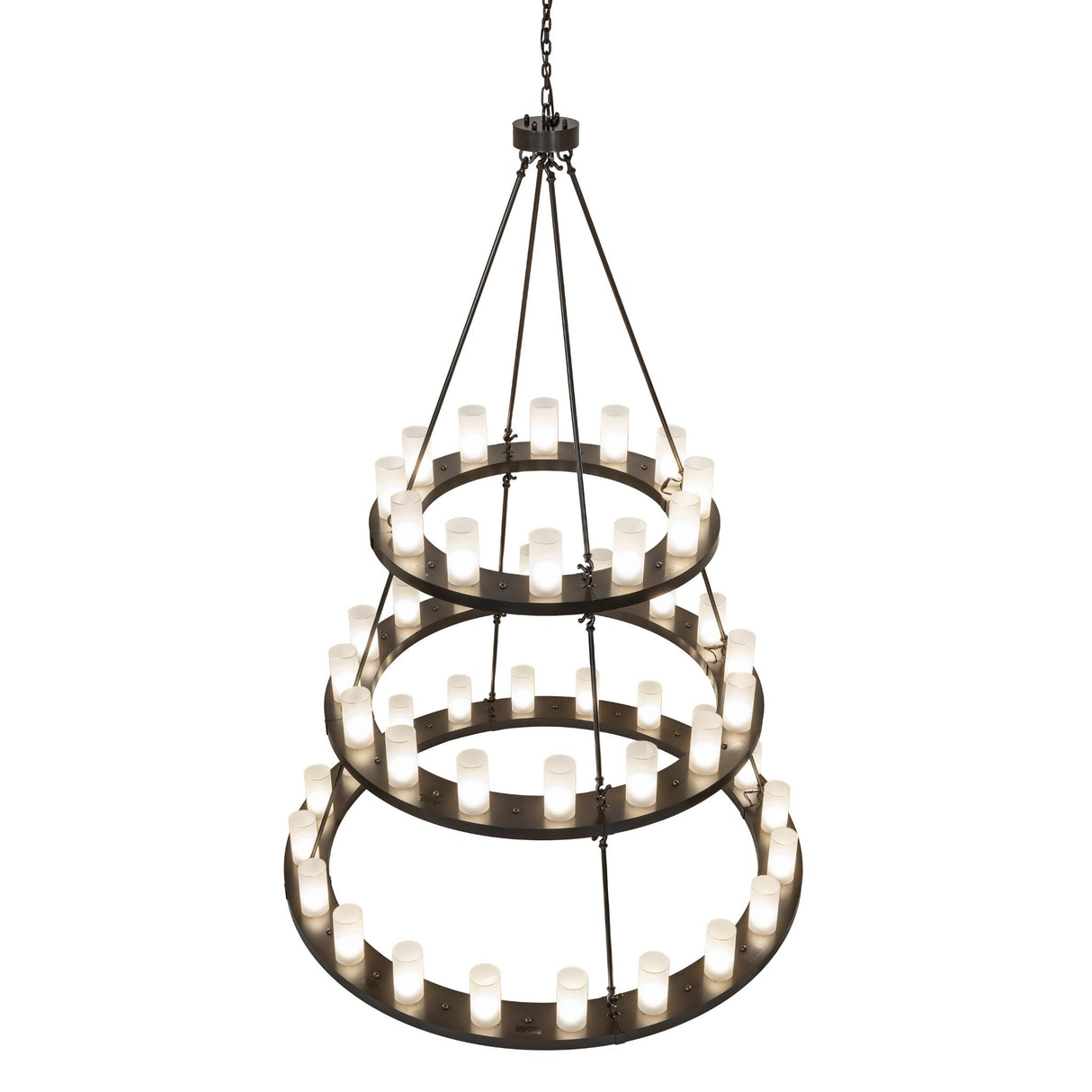Top angle view showing the tiered ring structure and suspension rods of the chandelier.