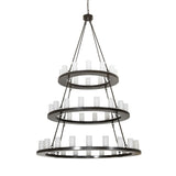 Unlit view of the chandelier highlighting metal rings with frosted glass cylinders.