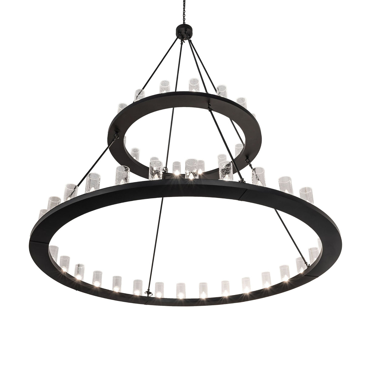 Bottom angle view of two tier chandelier with glowing glass cylinders.