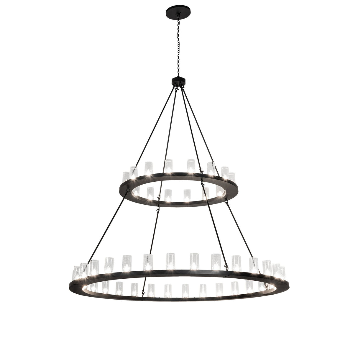 Full view of two tier chandelier with 48 lit seeded glass cylinders.