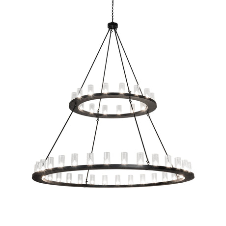 Lit view of two tier chandelier with seeded glass cylinders.