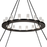 Close-up of chandelier flat black metal ring with glass shades.