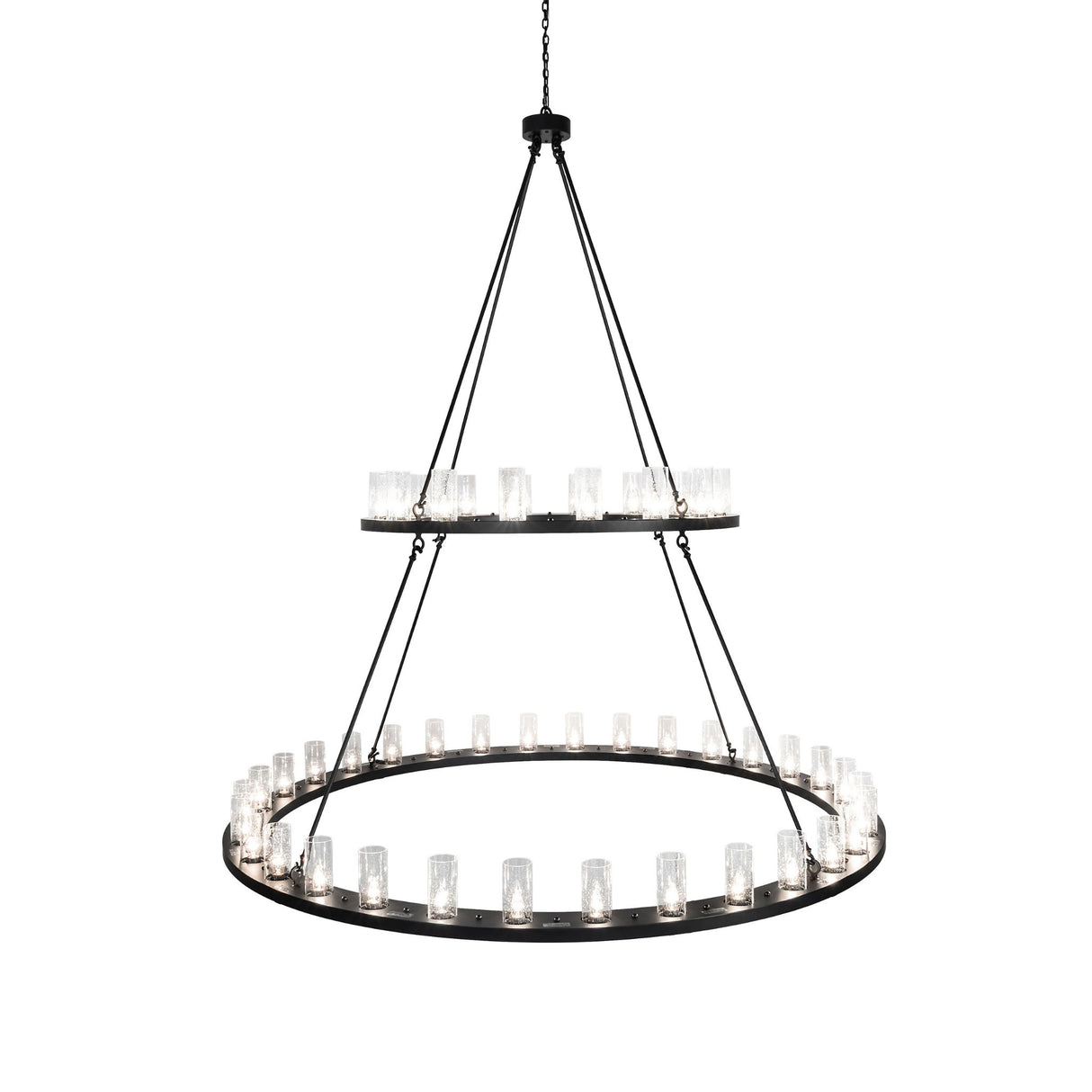 Side view of two tier chandelier showing staggered rings.