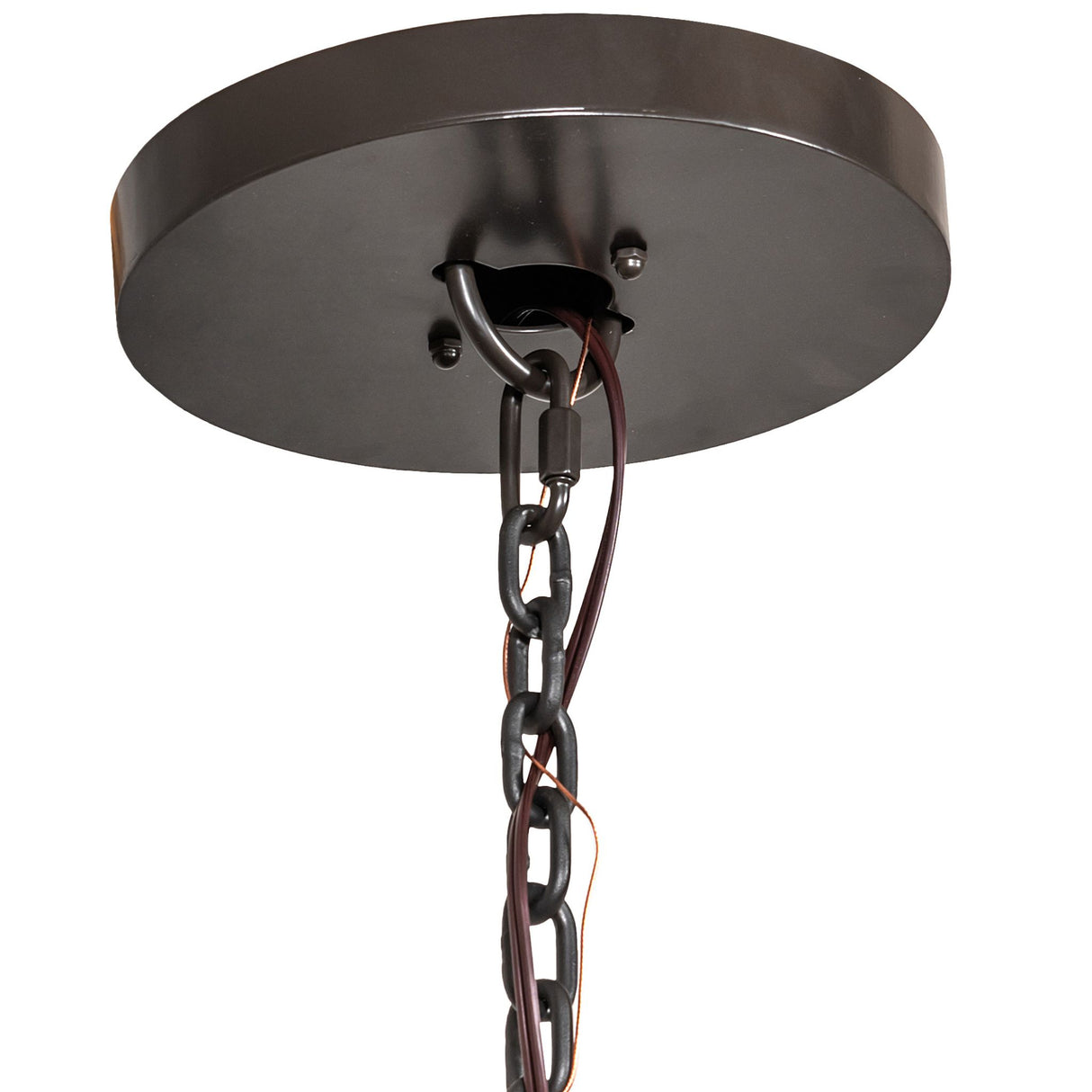 Close-up of Loxley chandelier ceiling canopy and adjustable chain suspension.