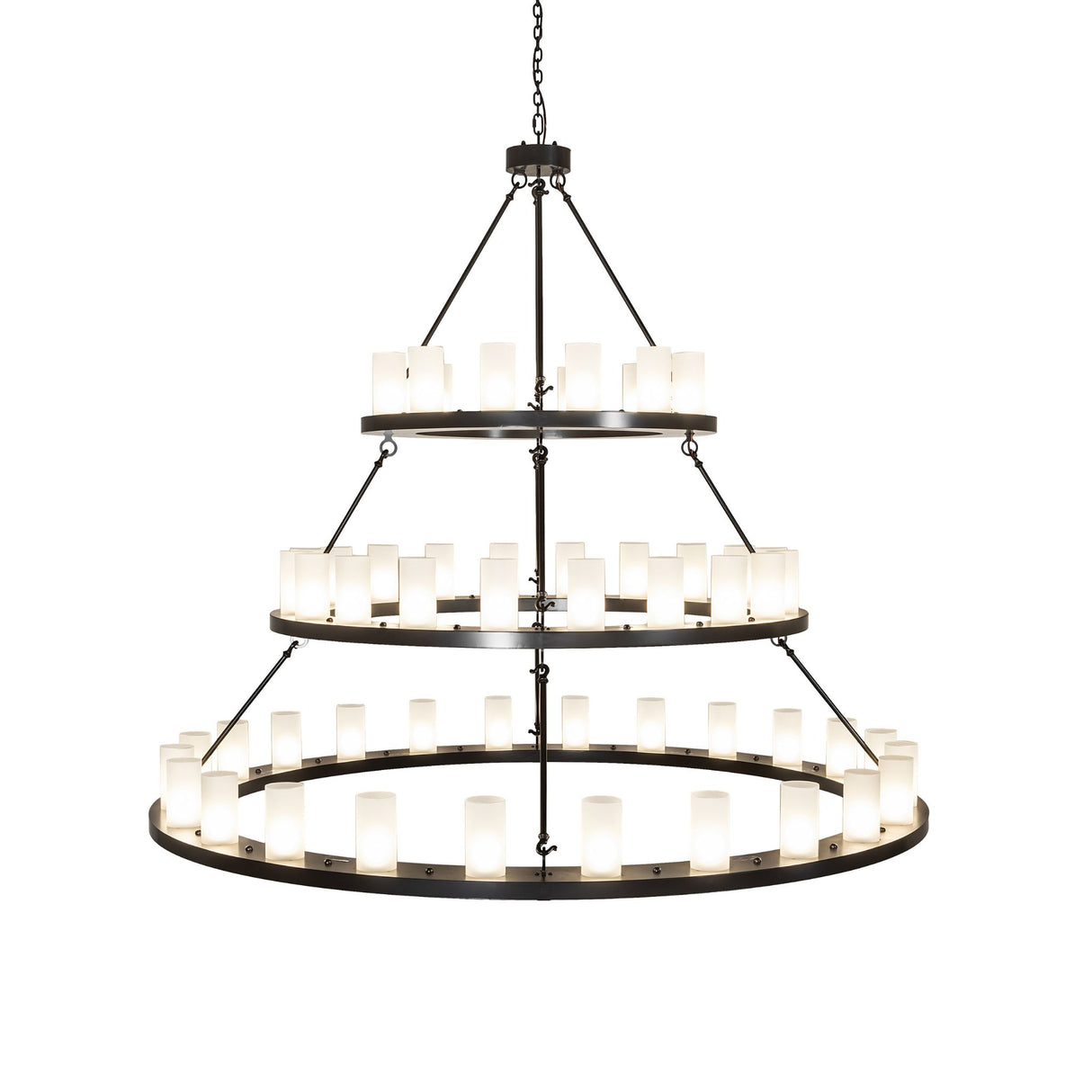 Front view of Loxley chandelier showing three circular tiers with evenly spaced lights.