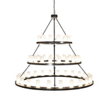 Front view of Loxley chandelier showing three circular tiers with evenly spaced lights.