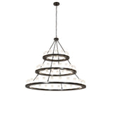Full view of the three-tier chandelier with stacked circular rings and cylindrical glass lights.