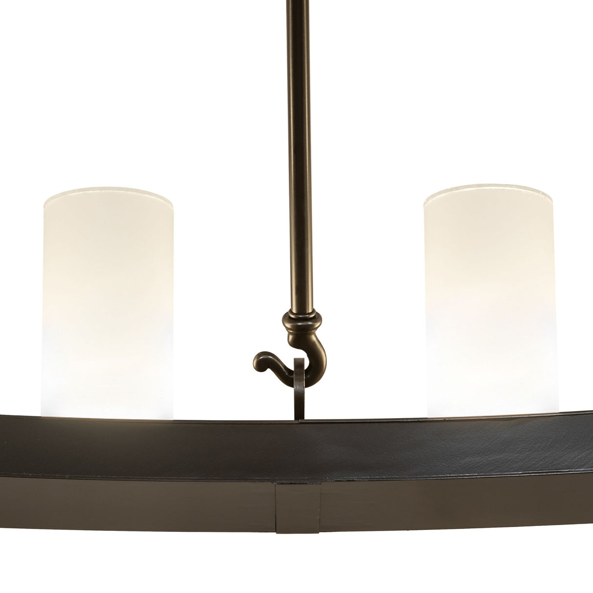 Detailed view of metal rods connecting chandelier rings in timeless bronze finish.
