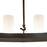 Detailed view of metal rods connecting chandelier rings in timeless bronze finish.
