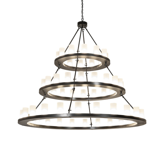 Illuminated chandelier with glowing frosted glass cylinders on three rings.
