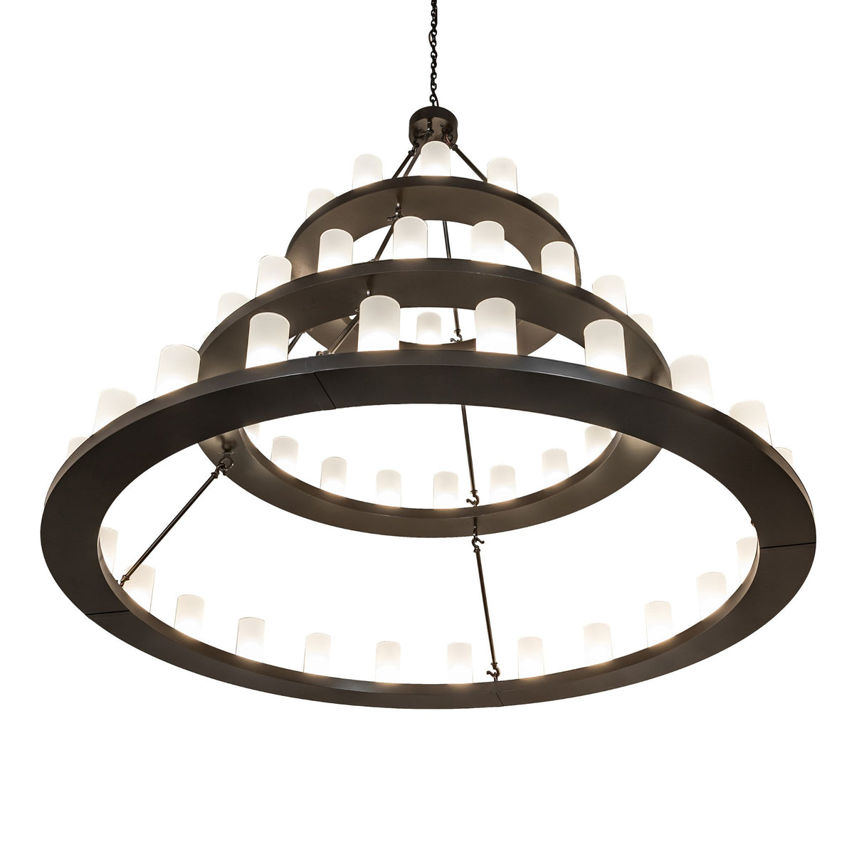 Lower angle view emphasizing the underside of Loxley chandelier rings.