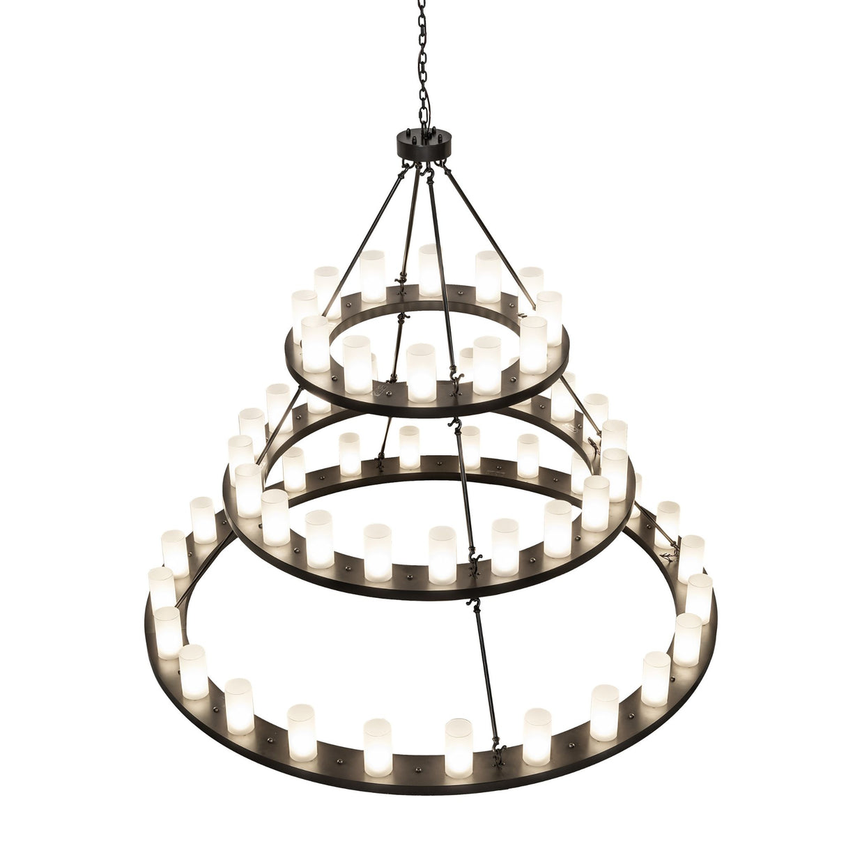 Top view of Loxley chandelier revealing concentric ring structure and support rods.