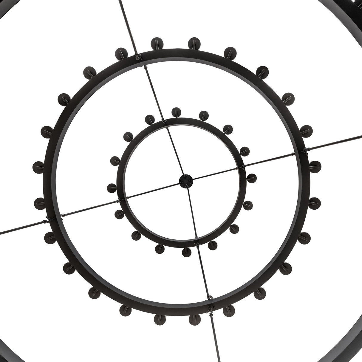 Bottom view capturing the circular tier geometry of the chandelier structure.