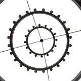 Bottom view capturing the circular tier geometry of the chandelier structure.