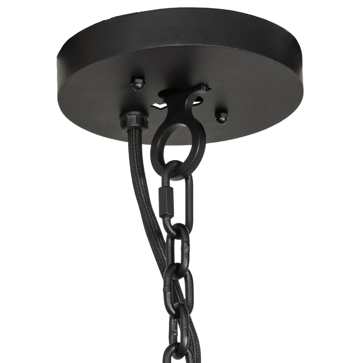 Close-up view of the canopy and chain hardware of the Loxley chandelier.