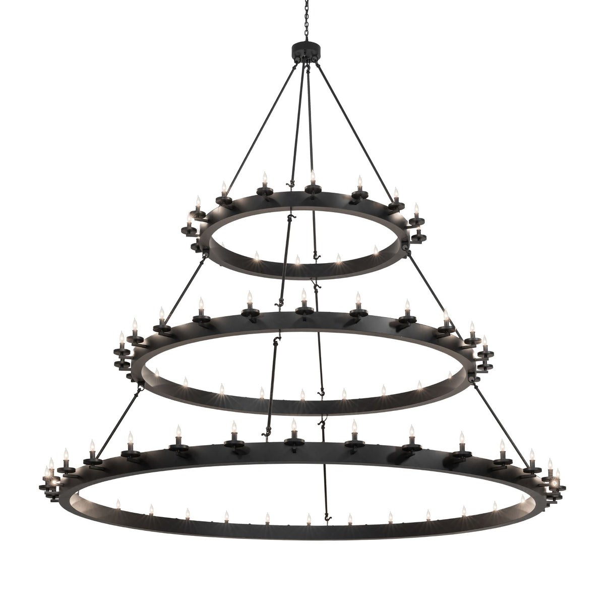 Lit view of the three-tier Loxley chandelier fully illuminated.