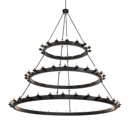 Lit view of the three-tier Loxley chandelier fully illuminated.