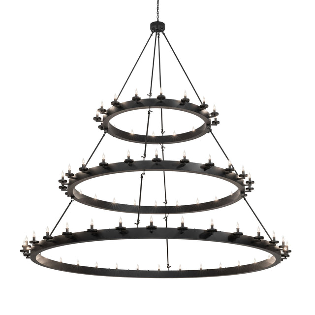 Lit view of the three-tier Loxley chandelier fully illuminated.
