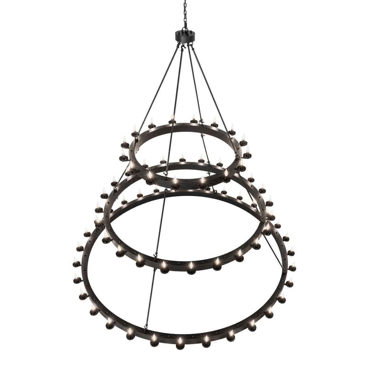 Top angled lit view highlighting the upper tiers and candle bulb layout.
