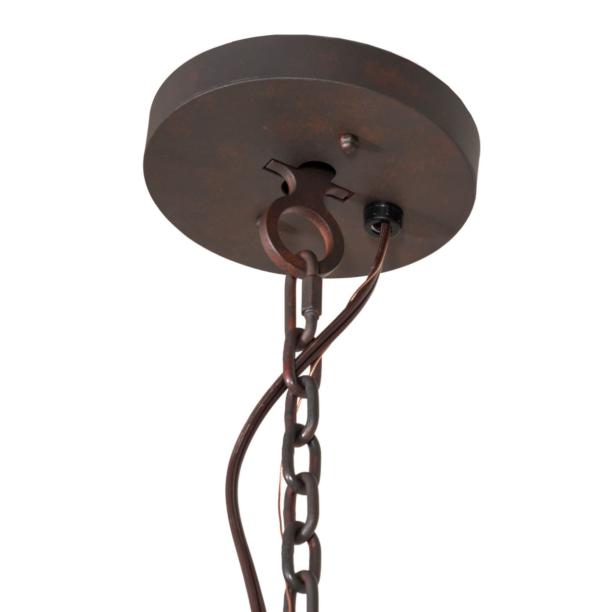 Canopy and chain detail view of chandelier showing mounting hardware and finish.