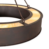 Detailed view of chandelier metal frame, suspension rings, and copper metallic finish.