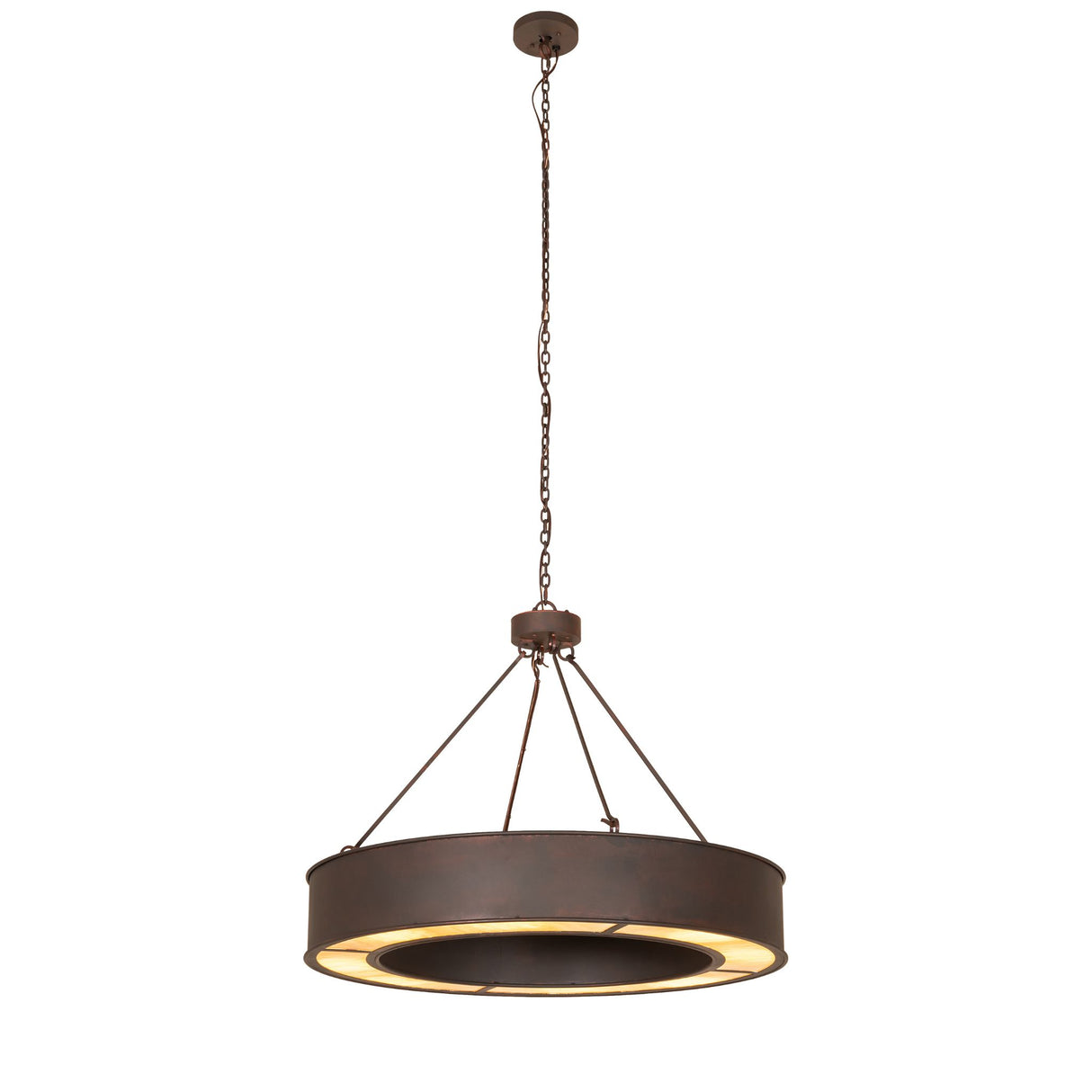 Full view of chandelier showing adjustable chain, circular drum frame, and travertine diffuser.