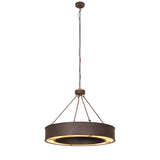 Full view of chandelier showing adjustable chain, circular drum frame, and travertine diffuser.