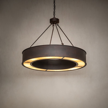 Escabroso chandelier ambient view showing warm illumination and circular travertine diffuser.