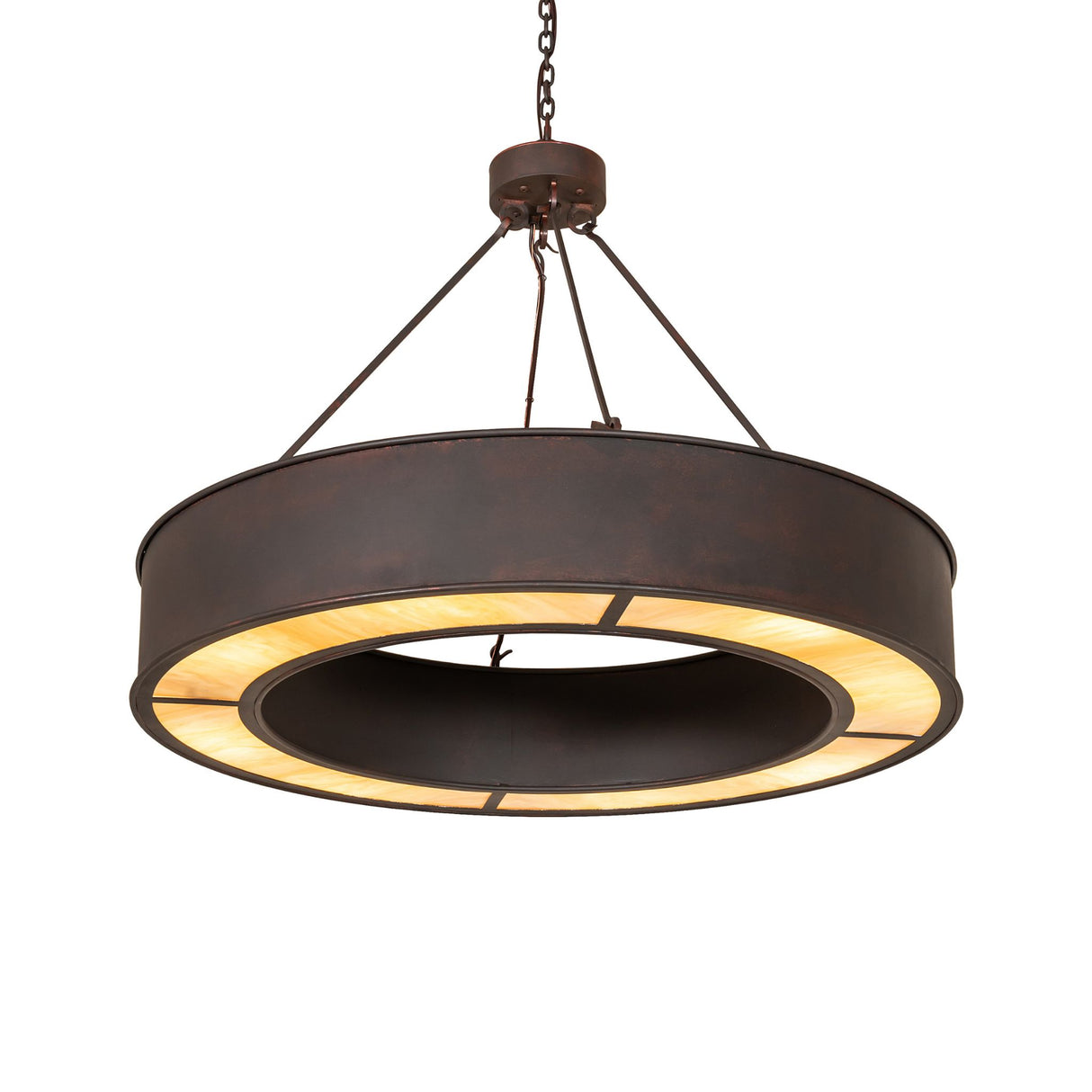 Loxley Escabroso chandelier lit view with travertine Idalight diffuser and copper metallic finish.