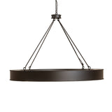 Side view of chandelier emphasizing slim ring profile, suspended rods and bronze finish.