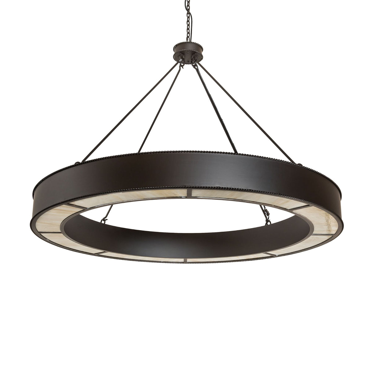 Unlit view of round chandelier showcasing clean modern ring design.