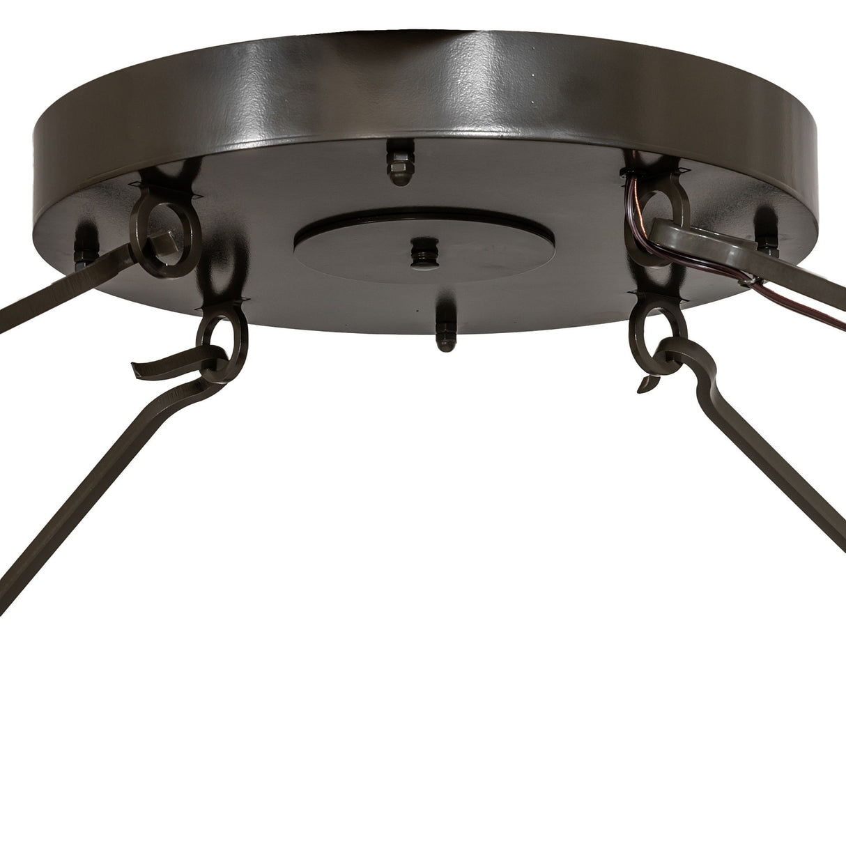 Close-up of semi-flushmount ceiling canopy with bronze finish and mounting points.