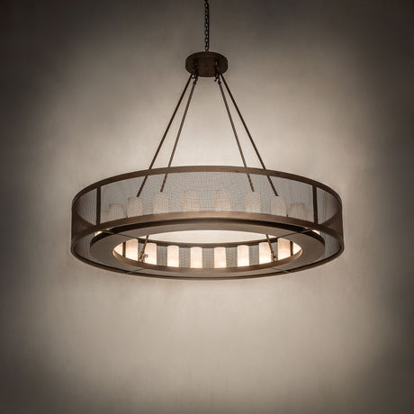 Ambient room view of the lit Loxley Golpe 24 light chandelier against a dark background.
