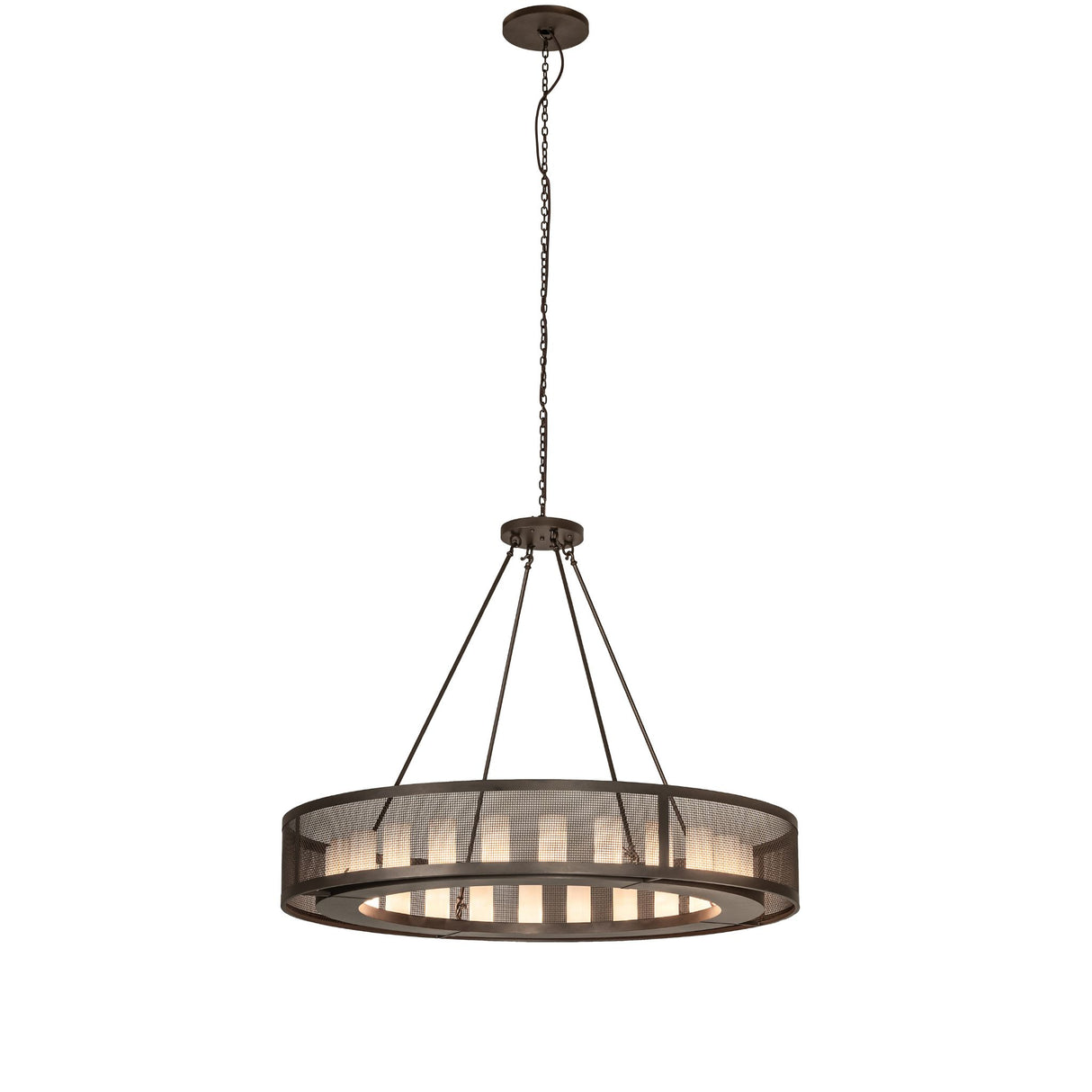 Full length view of the Loxley Golpe 24 light chandelier showing canopy, chain, and lit ring frame.