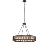 Full length view of the Loxley Golpe 24 light chandelier showing canopy, chain, and lit ring frame.