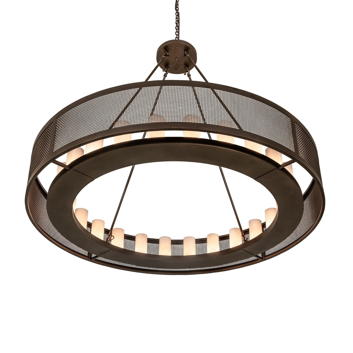 Bottom angle lit view of the Loxley Golpe chandelier highlighting the inner ring of lights.