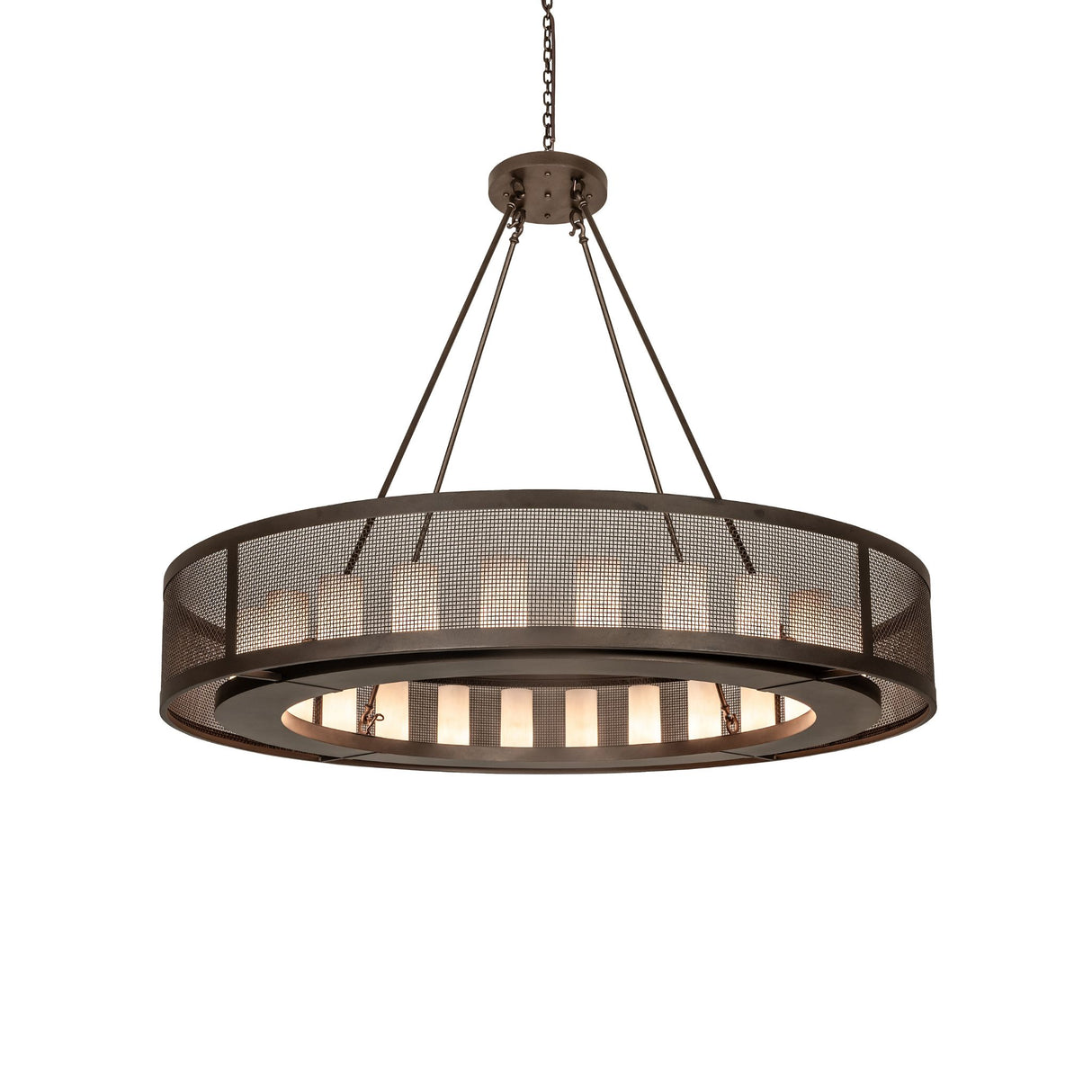 Lit view of the Golpe 24 light chandelier showcasing glowing cylindrical glass shades.