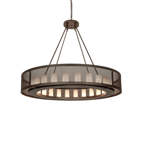 Lit view of the Golpe 24 light chandelier showcasing glowing cylindrical glass shades.