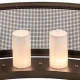 Close-up detail of lit cylindrical shades and mesh panel texture.