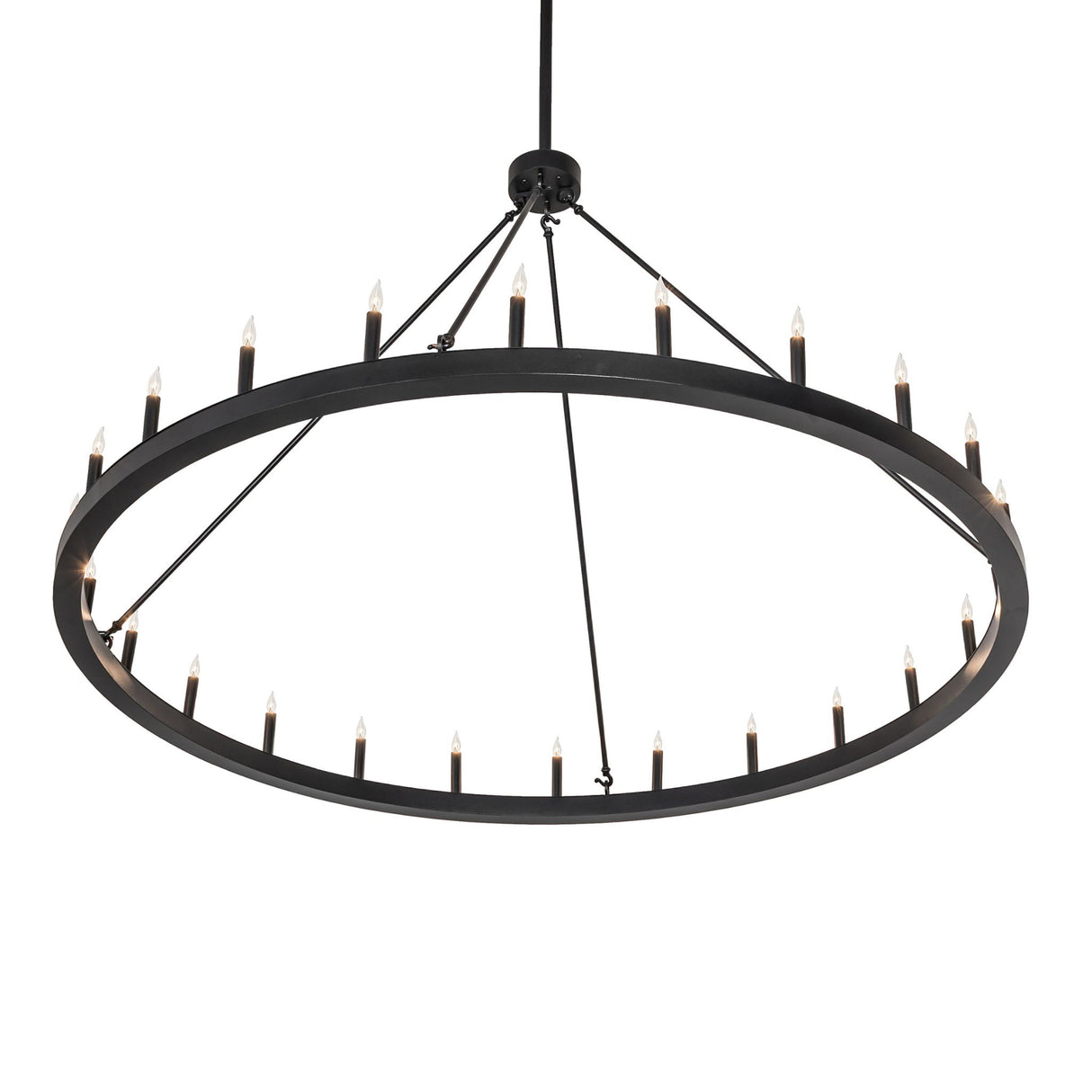 Bottom angle of 24 light chandelier showing evenly spaced candles.