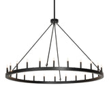 Lit view of 24 light ring chandelier illuminated with faux candle bulbs.