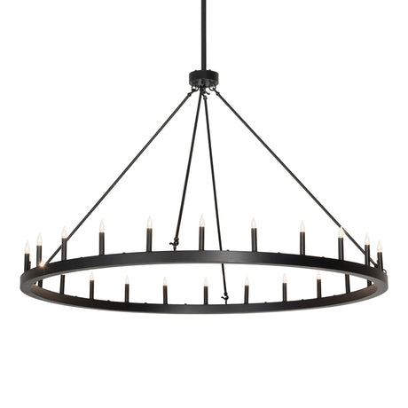 Lit view of 24 light ring chandelier illuminated with faux candle bulbs.